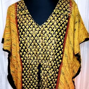 J. Glee Gee Kaftan Dress Womens One Size Yellow Red Black Print Boho Maxi Kimono